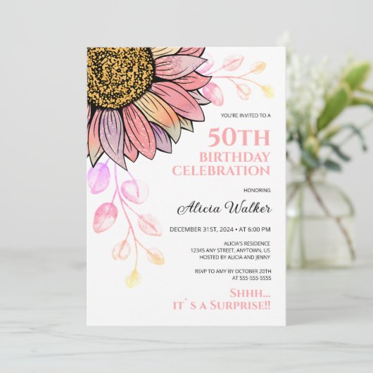 ひまわりカラフルピーチリーフサプライズ誕生日 招待状 (スタンド正面)