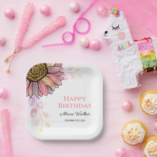 ひまわりカラフルフローラピーチリーフ誕生日 ペーパープレート (パーティー)