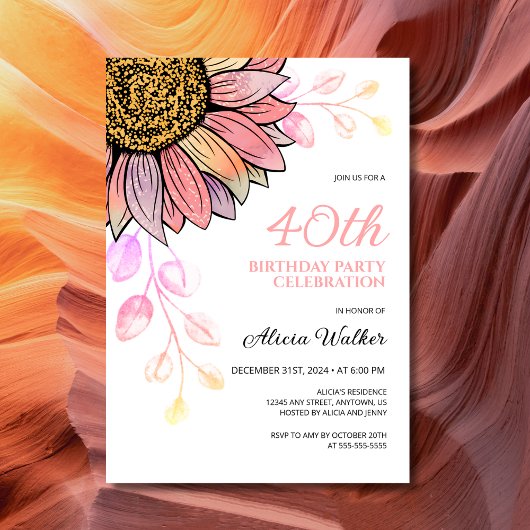 ひまわりカラフルフローラピーチリーフ誕生日 招待状