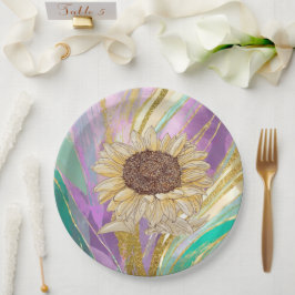 ひまわりカラフル付き金属フローラ背景 ペーパープレート