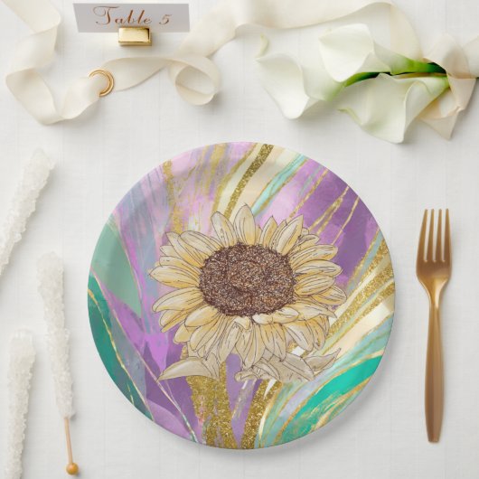 ひまわりカラフル付き金属フローラ背景 ペーパープレート (ウェディング)