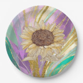 ひまわりカラフル付き金属フローラ背景 ペーパープレート (正面)