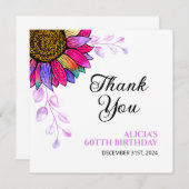 ひまわりカラフル紫色の葉誕生日ありがとう サンキューカード (正面/裏面)