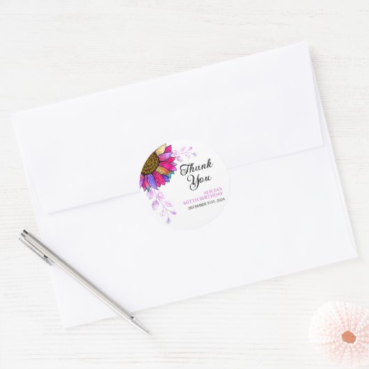 ひまわりカラフル紫色の葉誕生日ありがとう ラウンドシール (封筒)