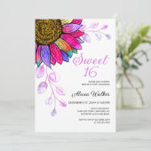 ひまわりカラフル紫色の葉16誕生日 招待状 (スタンド正面)