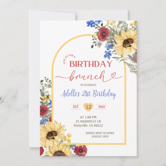 ひまわりカラフル花サマー誕生日ブランチ 招待状 (正面)