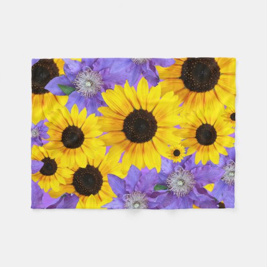 ひまわりカラフル黄色と紫の花の柄 フリースブランケット (正面(横))