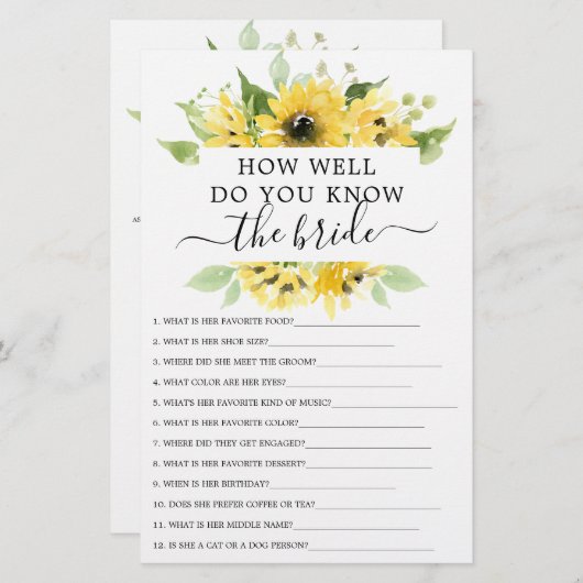 ひまわりガーデン両面ブライダルシャワーゲーム (正面/裏面)