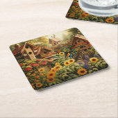 ひまわりガーデン13鳥の家ブルーバード スクエアペーパーコースター (アングル)