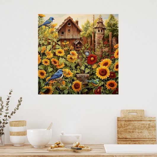 ひまわりガーデン4バードハウズブルーバード ポスター (キッチン)