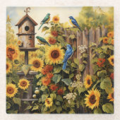 ひまわりガーデン5鳥の家青鳥 ガラスコースター (正面)