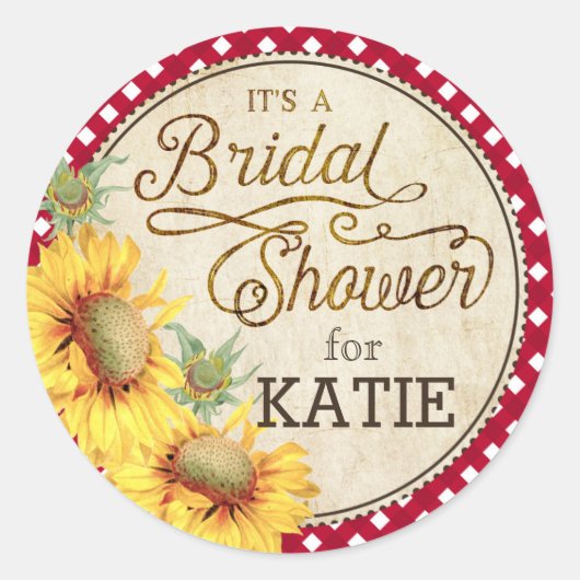 ひまわりギンガムチェック素朴ブライダルシャワーラベル ラウンドシール (正面)