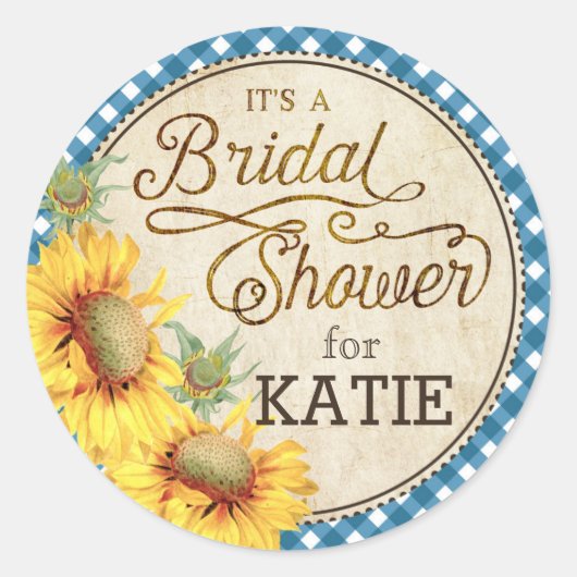 ひまわりギンガムチェック素朴ブライダルシャワーラベル ラウンドシール (正面)