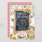 ひまわりグリーンリーファームアニマルズ納屋周囲の庭誕生日 招待状 (正面/裏面)