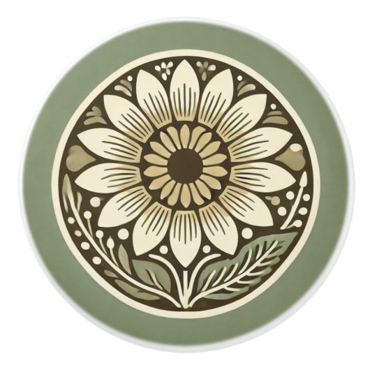 ひまわりコテージコアアイボリークリームセージグリーン セラミックノブ (正面)