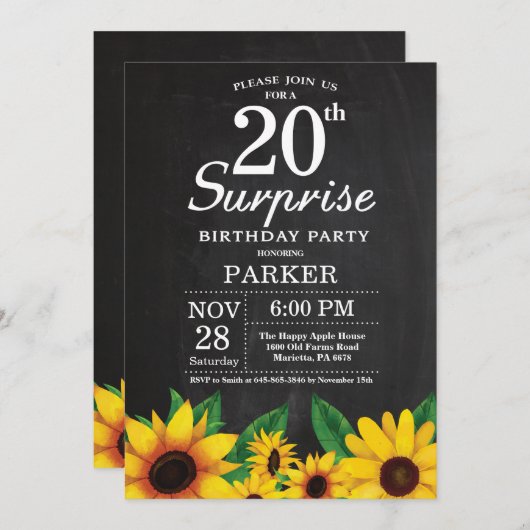 ひまわりサプライズ20誕生日招待状 招待状 (正面/裏面)