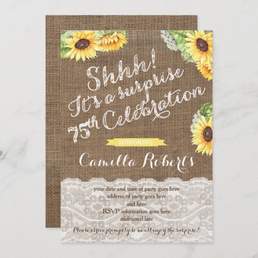 ひまわりサプライズ75th誕生日招待状のための女性 招待状 (正面/裏面)