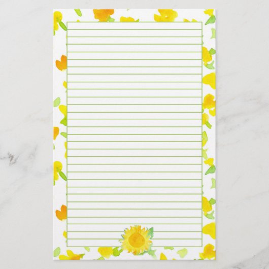 ひまわりサンシャインイエローウォーターカラーフラワーライニング 便箋 (正面)