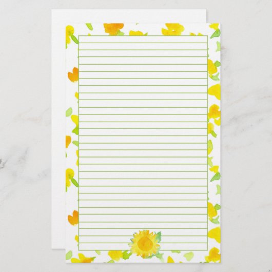 ひまわりサンシャインイエローウォーターカラーフラワーライニング 便箋 (正面/裏面)