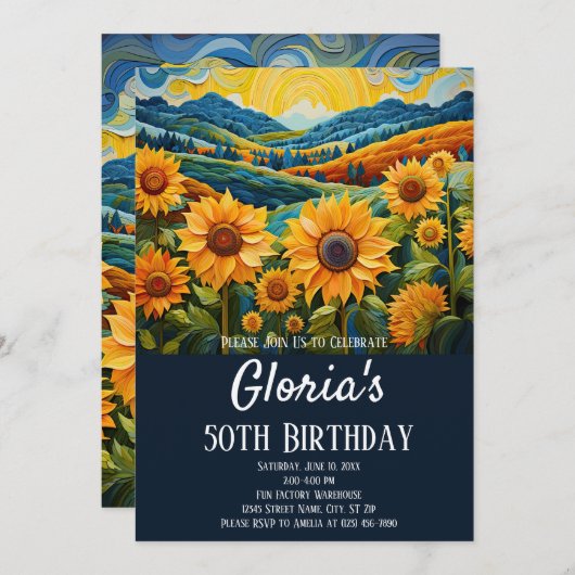 ひまわりサンライズ50th誕生日パーティーまたは任意の年齢 招待状 (正面/裏面)
