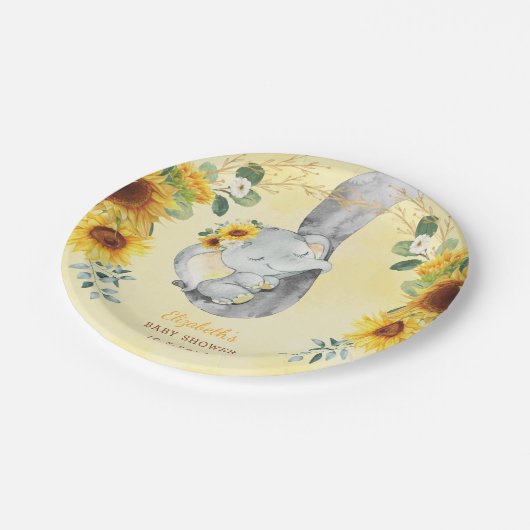 ひまわりジャングルゾウのベビーシャワー1歳の誕生日 ペーパープレート (アングル)