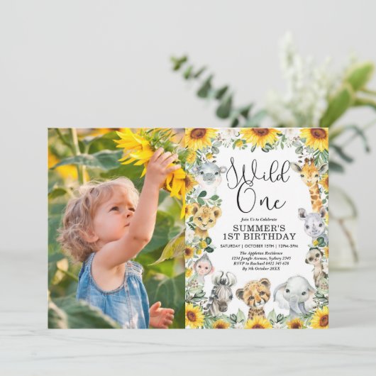 ひまわりジャングル動物ワイルドワン誕生日写真 招待状 (スタンド正面)