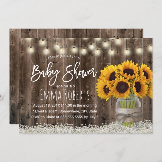 ひまわりジャールカントリーフローラバーンドウッドベビーシャワー 招待状 (正面/裏面)