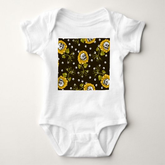 ひまわりスカルユニーク：シームレスパターン。 ベビーボディスーツ (正面)