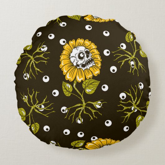ひまわりスカルユニーク：シームレスパターン。 ラウンドクッション (正面)