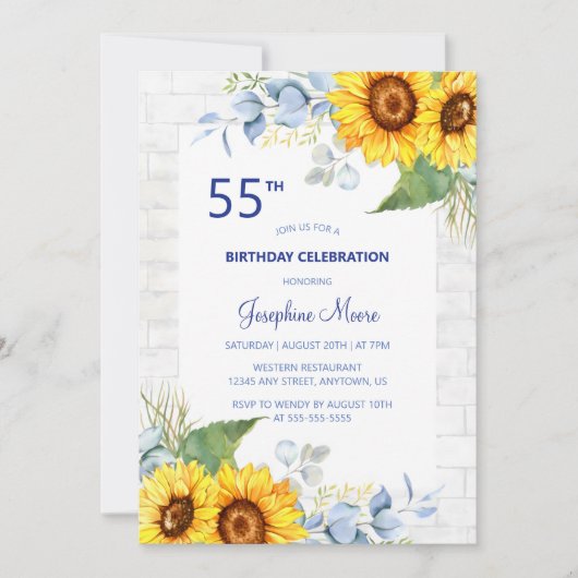 ひまわりスタイリッシュホワイトグレーレンガフローラ誕生日 招待状 (正面)
