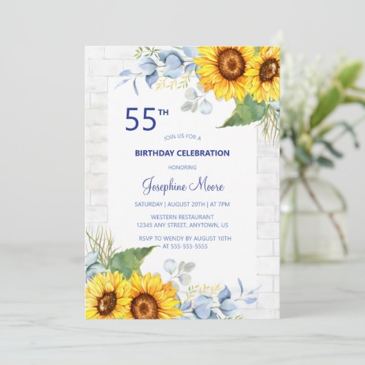 ひまわりスタイリッシュホワイトグレーレンガフローラ誕生日 招待状 (スタンド正面)