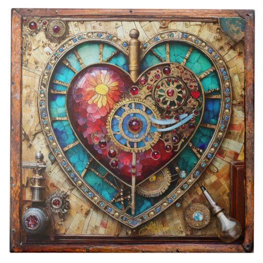 ひまわりステンドグラスハートスチームパンクシリーズ タイル (正面)