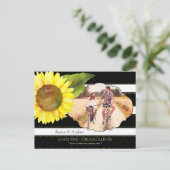 ひまわりストライプと結婚の写真日付を保存 案内ポストカード (スタンド正面)