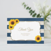 ひまわりストライプの素朴夏の結婚ネイビーブルー サンキューカード (スタンド正面)