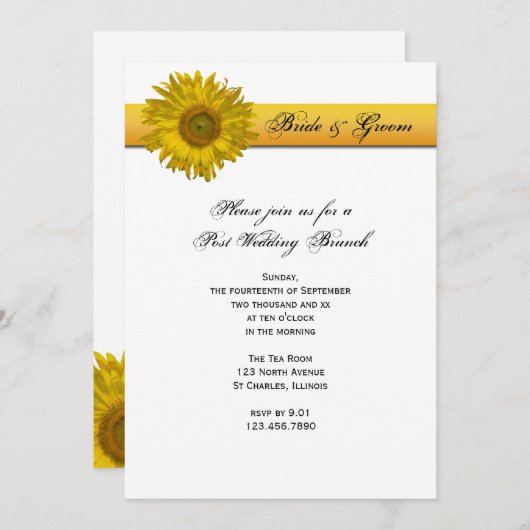 ひまわりストライプの結婚式後ブライド＆グルームの朝食パーティー 招待状 (正面/裏面)