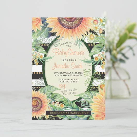 ひまわりストライプの花グラムベビーシャワー モダン | 素朴 招待状 (スタンド正面)