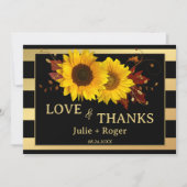 ひまわりストライプの金ゴールド結婚写真 サンキューカード (正面)