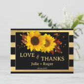 ひまわりストライプの金ゴールド結婚写真 サンキューカード (スタンド正面)