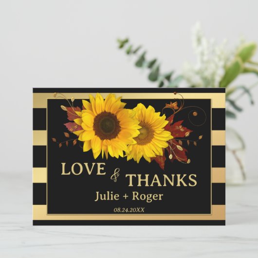 ひまわりストライプの金ゴールド結婚写真 サンキューカード (スタンド正面)
