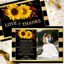 ひまわりストライプの金ゴールド結婚写真 サンキューカード