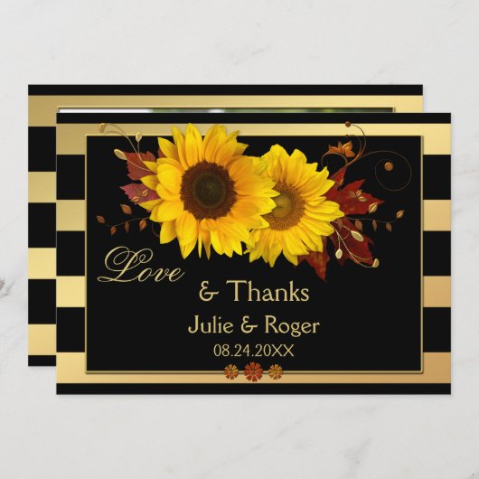 ひまわりストライプ金ゴールド結婚写真サンキューカード サンキューカード (正面/裏面)