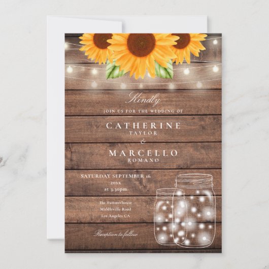 ひまわりストリングライツメイソン素朴ジャー結婚ズ 招待状 (正面)