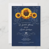 ひまわりスパークルブルー素朴グラムブライダルシャワー 招待状 (正面)