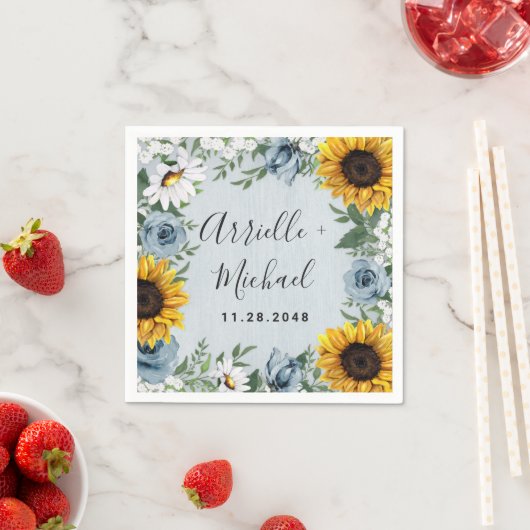 ひまわりダスティブルーカントリー素朴バラ結婚ズ スタンダードカクテルナプキン (インサイチュ)