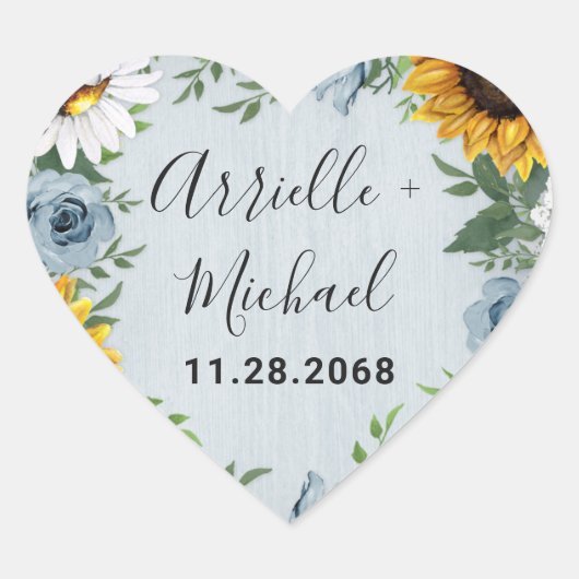 ひまわりダスティブルーカントリー素朴バラ結婚ズ ハートシール (正面)