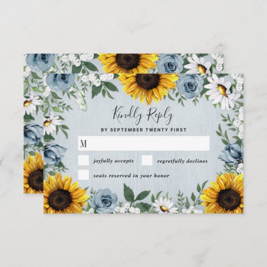 ひまわりダスティブルーカントリー素朴バラ結婚ズ 出欠カード (正面/裏面)