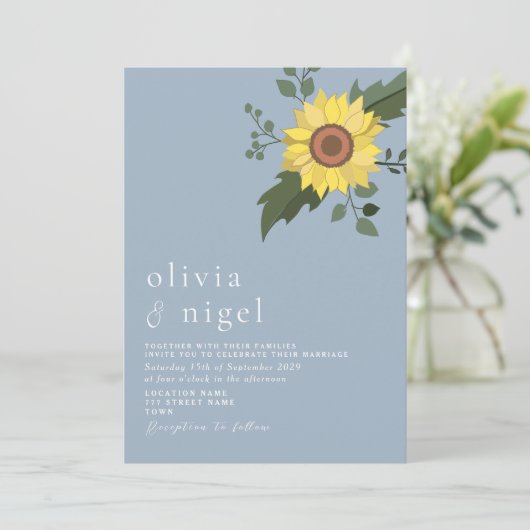 ひまわりダスティブルーモダン結婚式招待状 招待状 (スタンド正面)