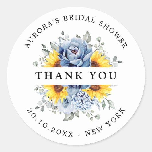 ひまわりダスティブルー石板ブライダルシャワーありがとう ラウンドシール (正面)