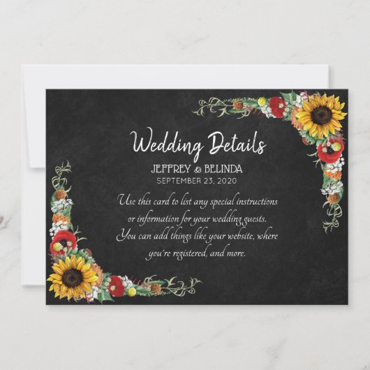 ひまわりチョークボードカントリーウェディング詳細カード 招待状 (正面)
