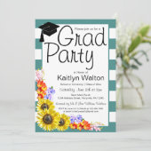 ひまわりティール（緑がかった色）ストライプ卒業パーティー招待状 招待状 (スタンド正面)